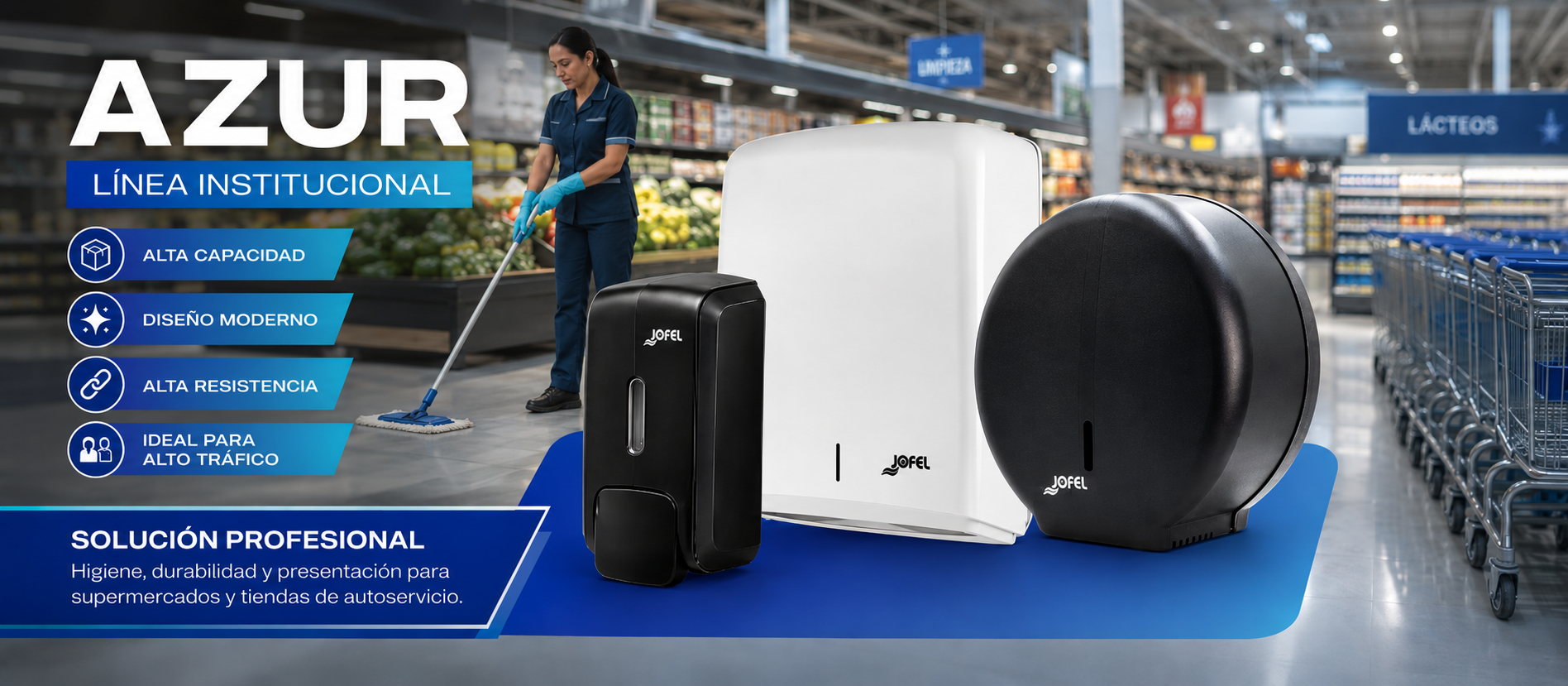 Banner AZUR, línea institucional de alta capacidad, diseño moderno y alta resistencia para supermercados y tiendas de autoservicio
